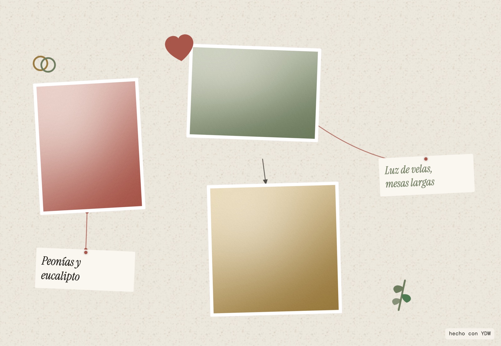 Un mood board de casamiento con fotos, notas y stickers unidos con hilos